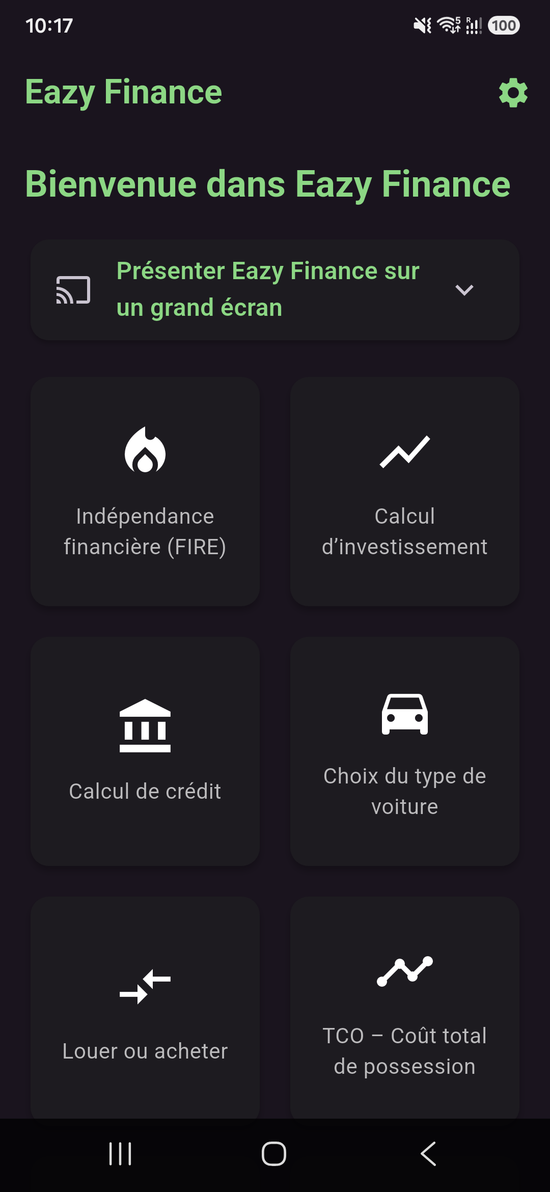 Eazy Finance home screen with financial tools