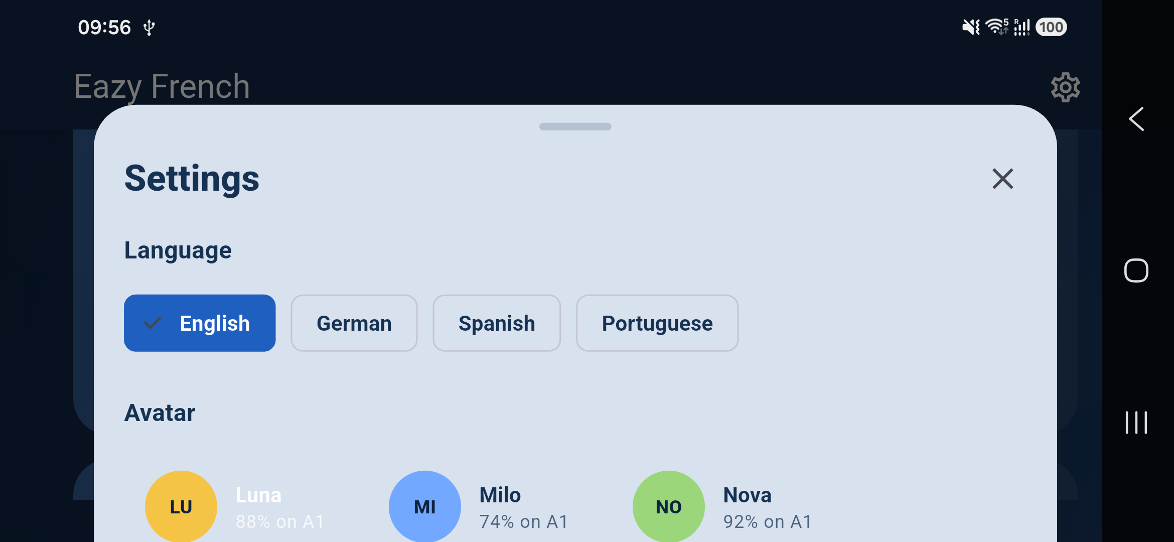 Eazy French settings screen