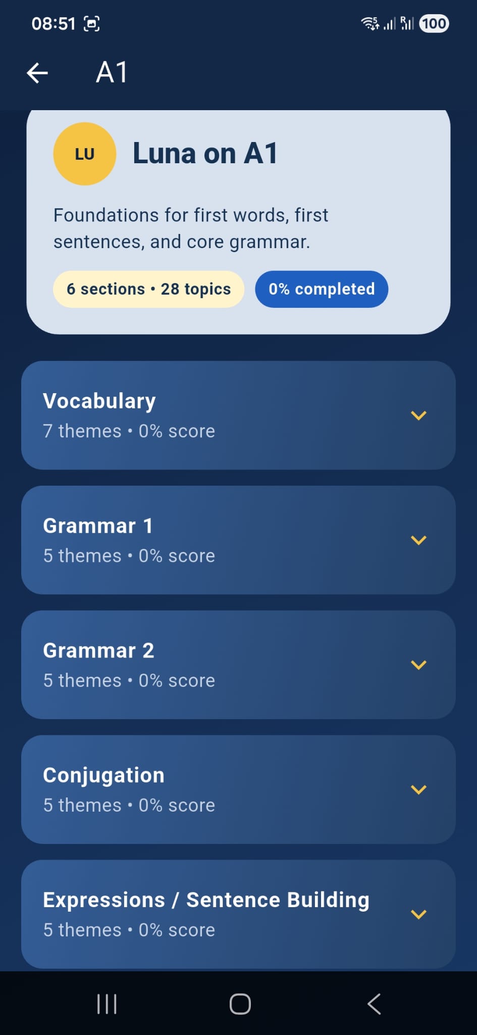 Eazy French A1 progress screen with sections and completion scores