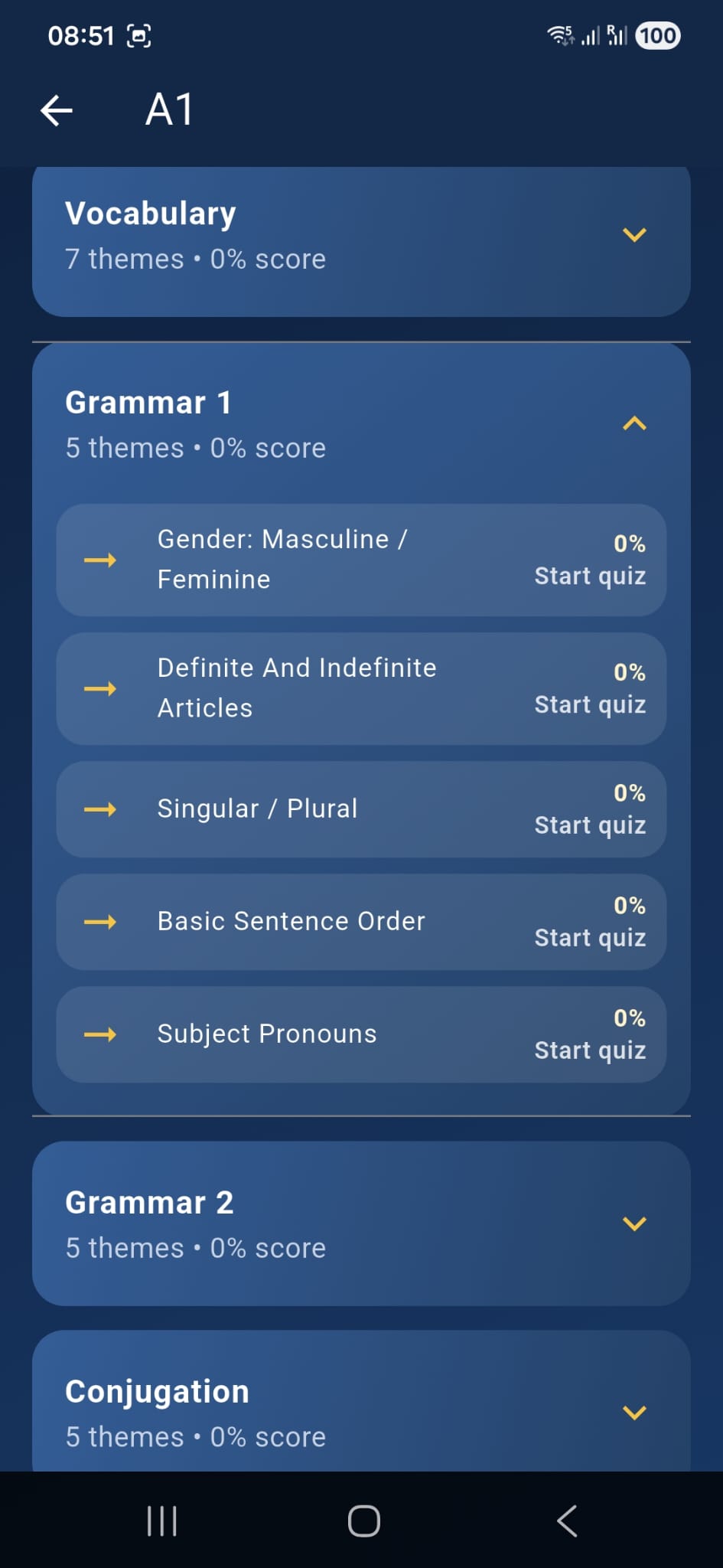 Eazy French A1 screen listing vocabulary, grammar and conjugation sections