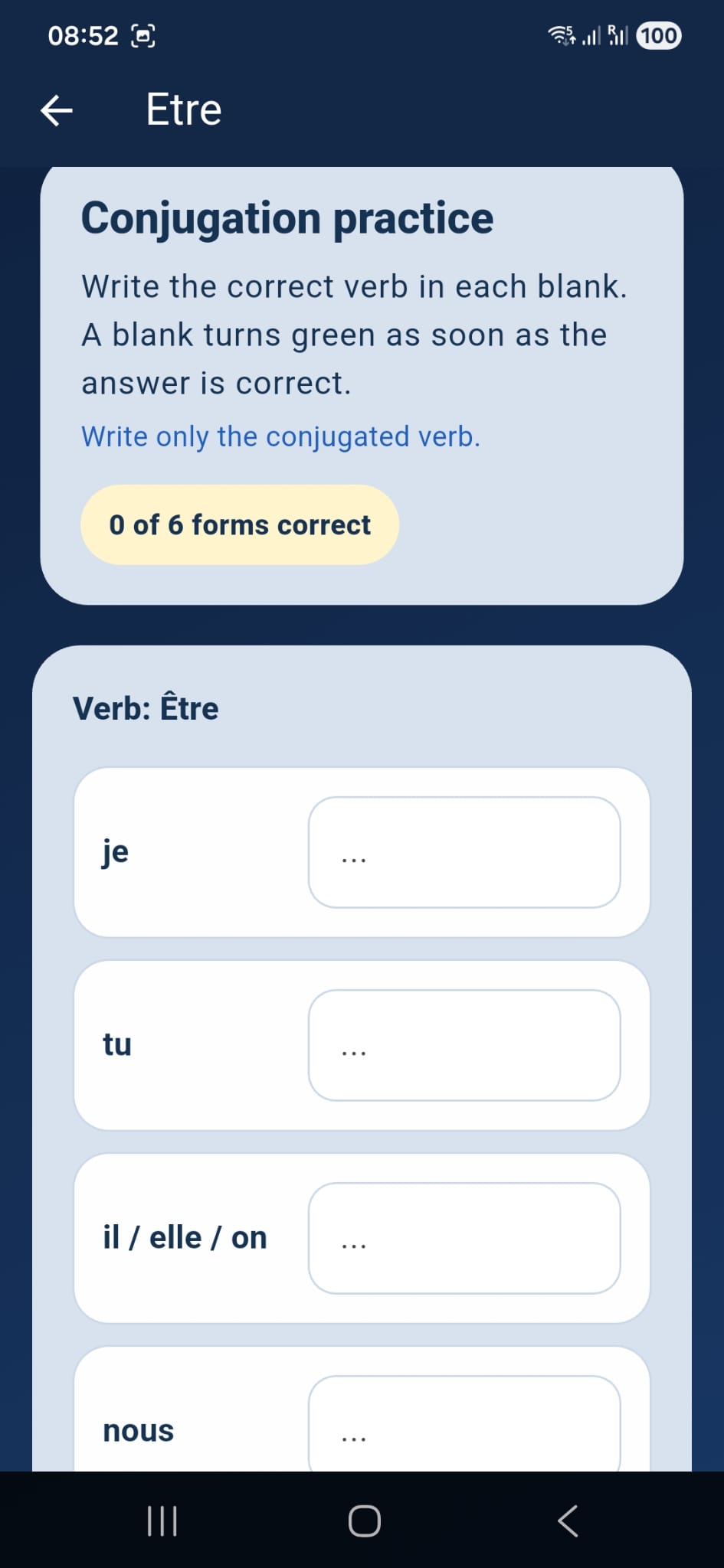 Eazy French conjugation practice screen