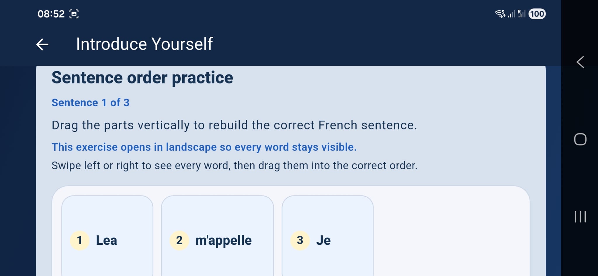 Eazy French sentence-building exercise with words to reorder