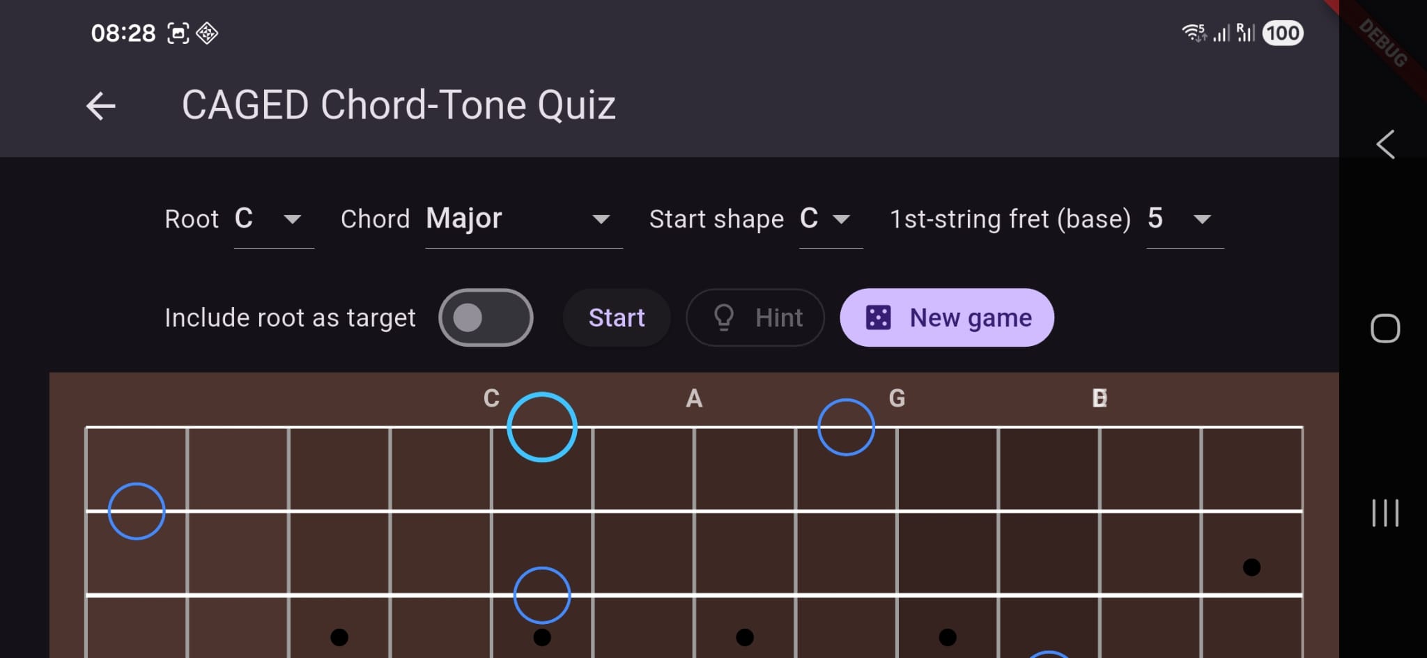 CAGED chord-tone quiz displayed on a guitar fretboard