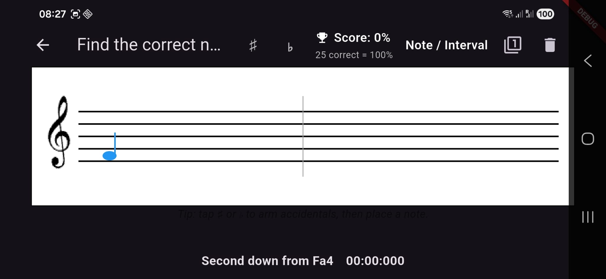 Eazy Guitar interval quiz displayed on a musical staff