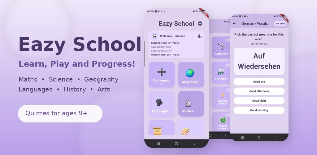 Eazy School feature overview with subject categories and quiz screens