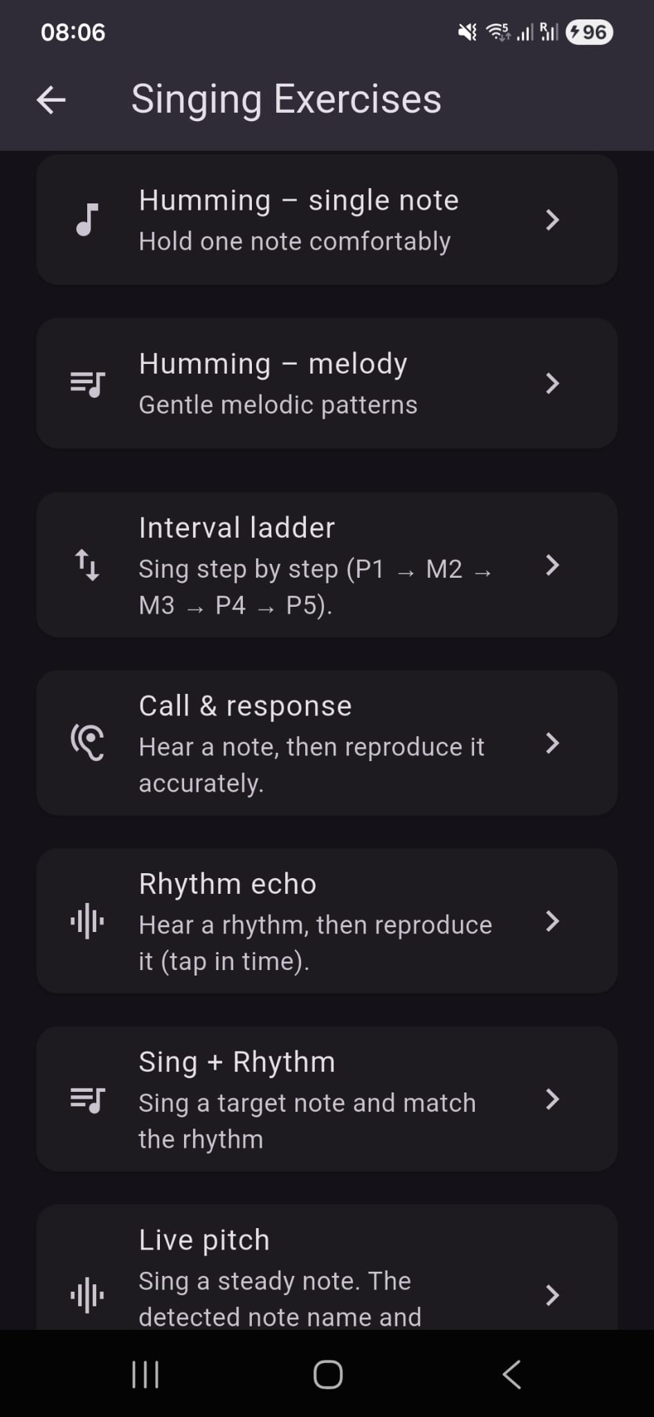 Eazy Sing menu with pitch, melody, interval and rhythm exercises